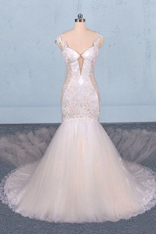 vintage-inspired wedding dressesCharming Mermaid Tulle Wedding Dresses, Chapel Train Long Bridal Gown OKQ14