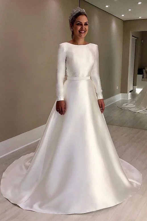 made-to-order wedding dressesVintage Long Sleeves Ivory Backless Simple Style Wedding Dress With Bowknot OKD96