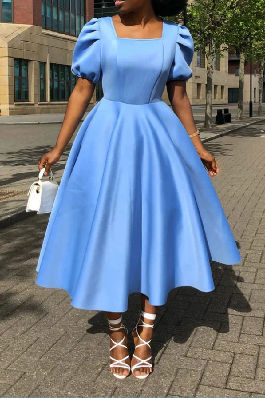 ruffled midi dressesSolid Color Square Collar Sweet Pleated Swing Midi Dress