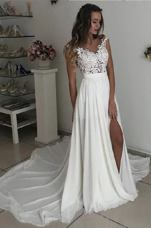 made-to-order wedding dressesOff White Long Chiffon Cap Sleeves Split Wedding Dress With Lace OKA53