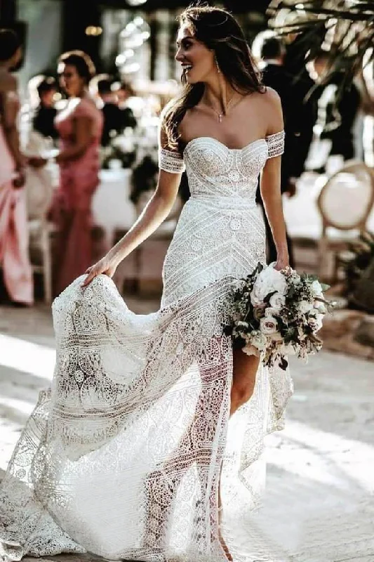 rustic glam wedding dressesSweetheart Sheath Lace Bridal Dress Beach Wedding Dress With Slit OKP93