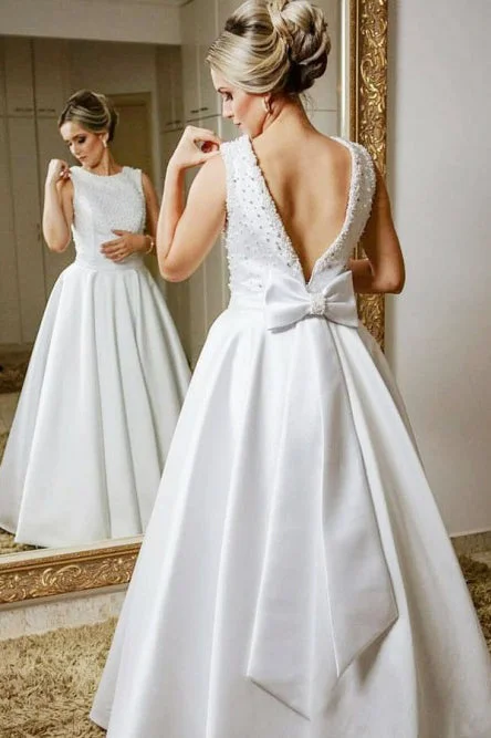 modern wedding dressesA-Line Jewel V Back Floor-Length Satin Wedding Dress with Beading Bowknot OKR80