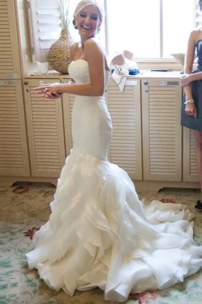 statement wedding dressesIvory Mermaid Sweetheart Court Train Ruffle Organza Wedding Dress OK529