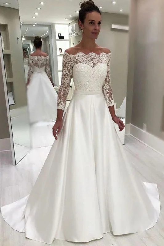 eco-friendly wedding dressesElegant A-line Sweetheart 3/4 Sleeves White Floor Length Prom/Wedding Dress With Lace Top OK101