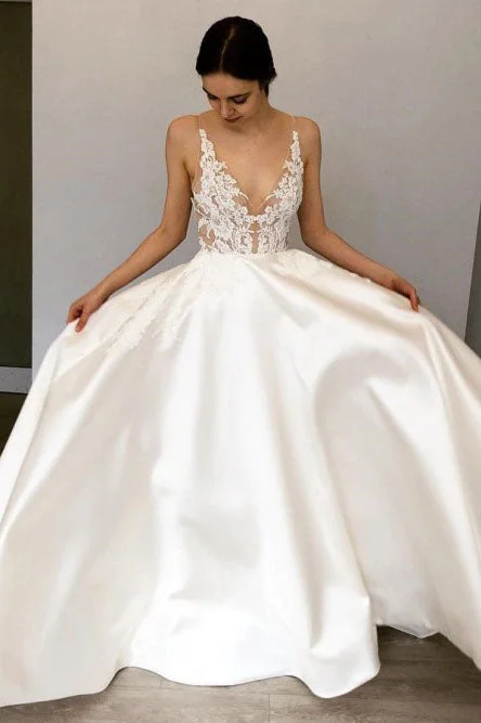 satin wedding dressesA-line Deep V-Neck Floor-Length Satin Wedding Dress with Lace Appliques OKR42