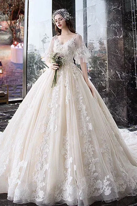 intricate wedding dressesCharming Half Sleeves Ball Gown Wedding Dress, Appliques V Neck Bridal Dress OKK2