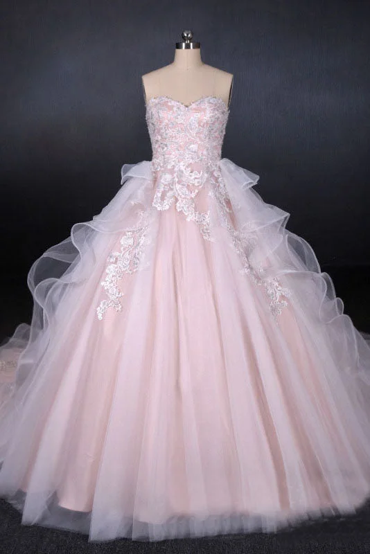 destination wedding dressesRomantic Pearl Pink Ball Gown Wedding Dresses, Sweetheart Appliques Bridal Gown OKQ24