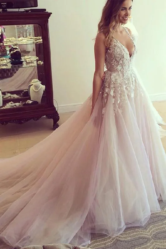 mermaid-inspired wedding dressesSpaghetti Straps V-neck Long Tulle Wedding Dress Prom Dresses with Appliques OK547