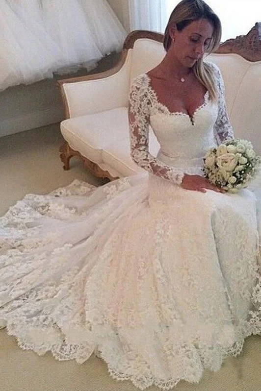 statement wedding dressesGorgeous Ivory Lace Long Sleeves Bridal Dress Wedding Dresses OKP82