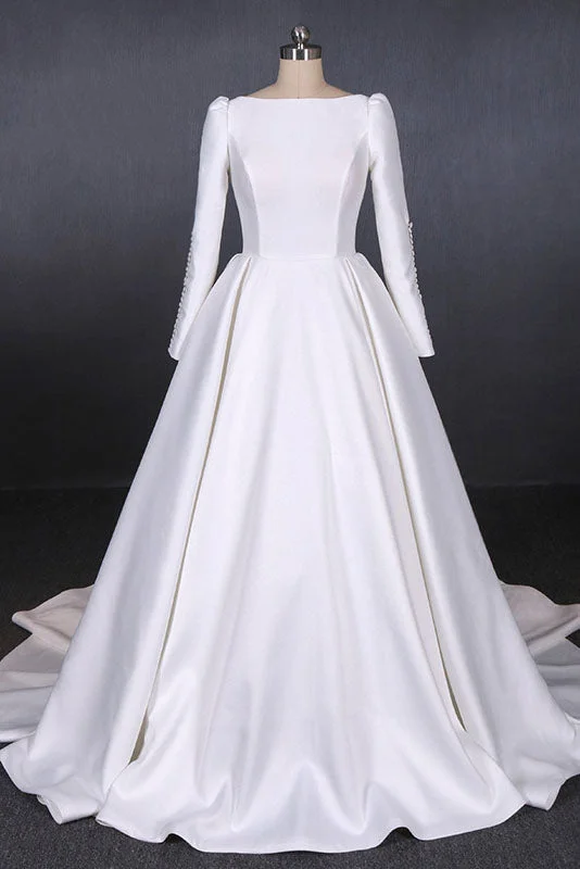 fairy tale wedding dressesSimple A Line Long Sleeves Satin Wedding Dresses, New Arrival White Long Bridal Gown OKQ13