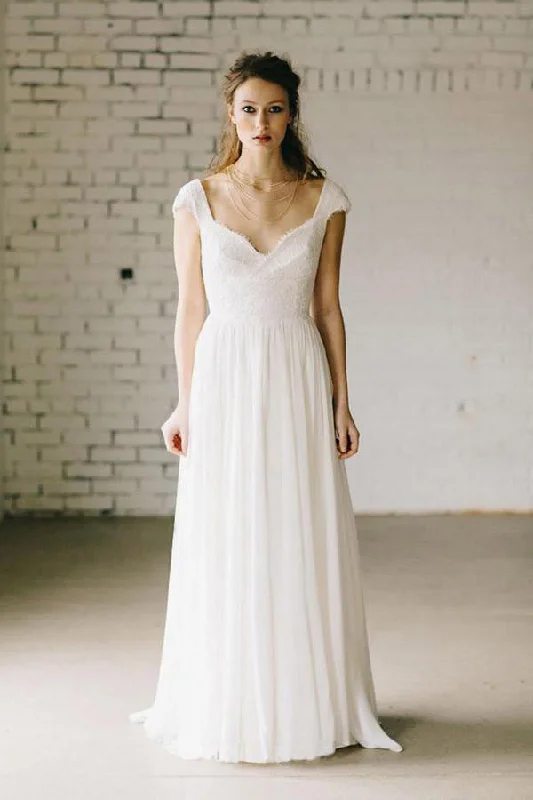 rustic elegance wedding dressesA-Line Ivory Lace Cap Sleeve Vintage Chiffon Wedding Dress,V neck Bridal Dress OK538