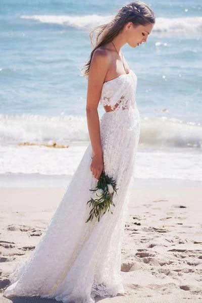 modern elegance wedding dressesSimple Strapless Lace Long White Beach Wedding Dress OK534