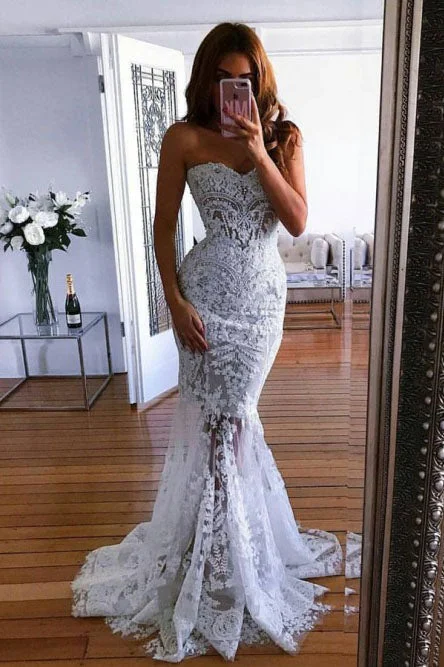 affordable wedding dressesCharming Mermaid Sweetheart Sweep Train Lace Wedding Dresses with Appliques OKK42