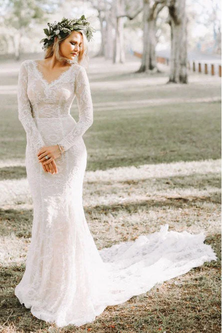 appliqued wedding dressesMermaid V-Neck Backless Long Sleeves Lace Elegant Wedding Dress OKR35