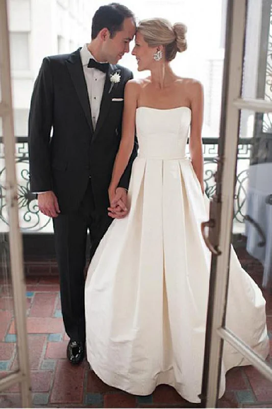 custom wedding dressesSimple Sweetheart Strapless Court Train Ivory Satin Wedding Dresses with Ruched OK565