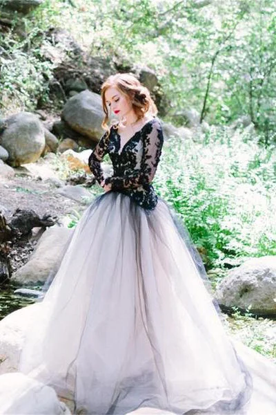 wedding dress try-onCharming Black Lace Puffy Prom Dresses,Long Sleeves Open Back Tulle Wedding Dress OK794