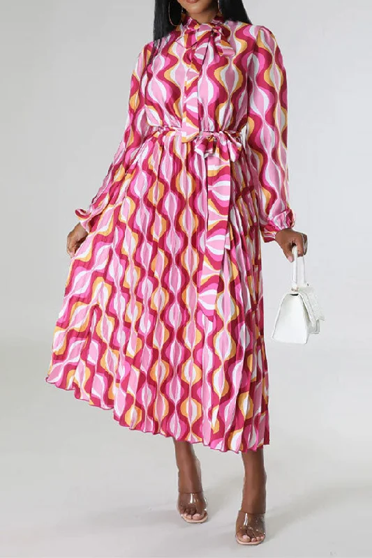 tween midi dressesWavy Print Commuting Belted Pleated Midi Dress