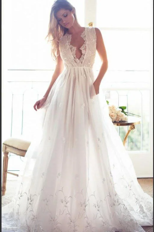 plus-size wedding dressesModest A Line Chiffon V-neck Long Appliqued Wedding Dress,Custom Made Beach Wedding Dress OK268