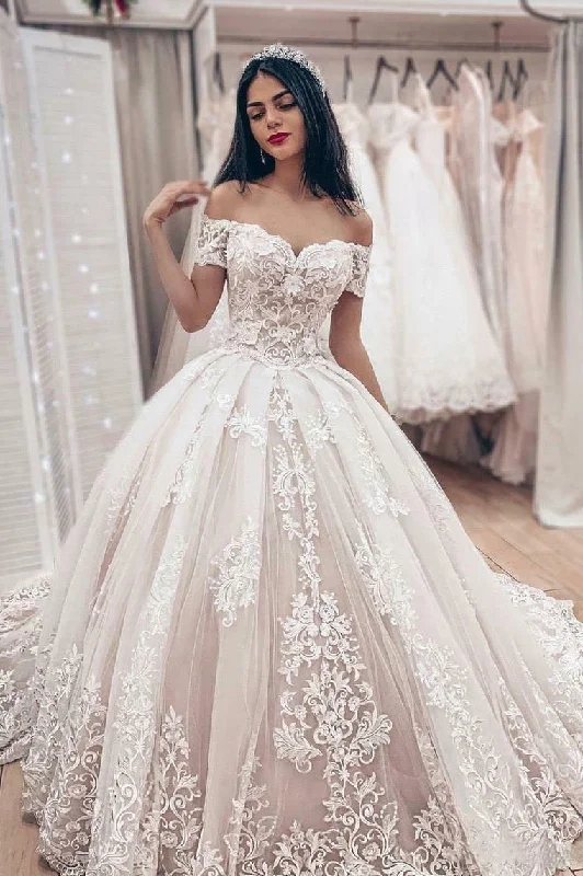 rustic glam wedding dressesIvory Applique Lace Off Shoulder Corset Bridal Gowns New Ball Gown Wedding Dress OKU73