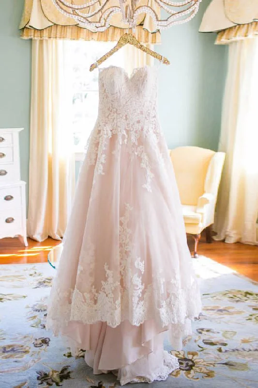 simple wedding dressesElegant Sweetheart A Line Blush Wedding Dresses with White Lace OK555