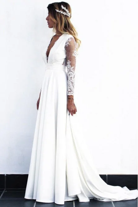 wedding dress codeA-Line V-Neck Open Back Long Sleeves Wedding Dress with Lace Appliques OKR82