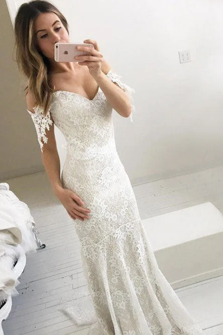 A-line wedding dressesMermaid Off-the-shoulder Backless Sweep Train Ivory Lace Wedding Dress OKR33