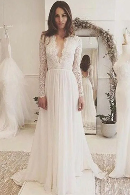 wedding dress with lace overlayOff White Chiffon Long Sleeves Wedding Dresses,Simple A Line V Neck Lace Prom Dress OK868