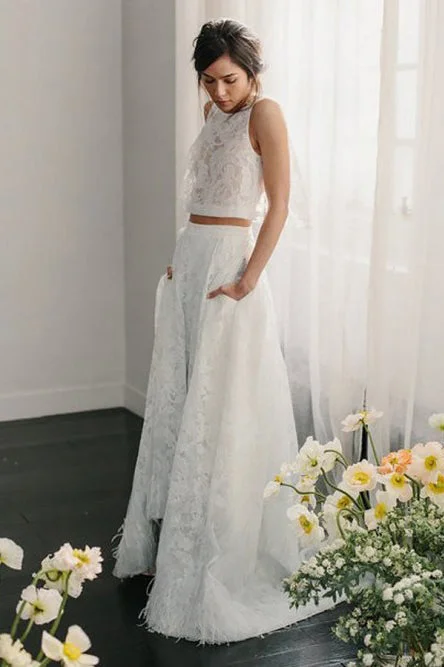 wedding dress with detachable sleevesTwo Piece Open Back Sweep Train Ivory Lace Wedding Dress with Pockets OKS33