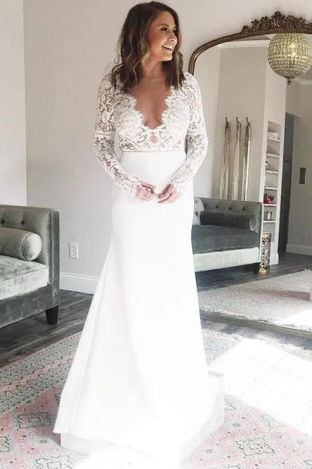 minimalist wedding dressesSheath V-Neck Long Sleeves Deep V-neck Wedding Dress with Lace Top OKR76