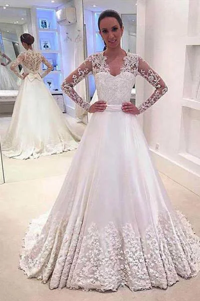 sample sale wedding dressesWhite A Line V Neck Long Sleeves Appliques Wedding Dress With Sweep Train OK525