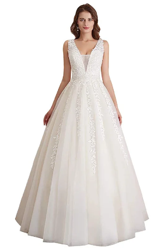 sustainable wedding dressesElegant A-line Tulle Sleeveless Wedding Dress Lace Appliques Prom Gown OKU49