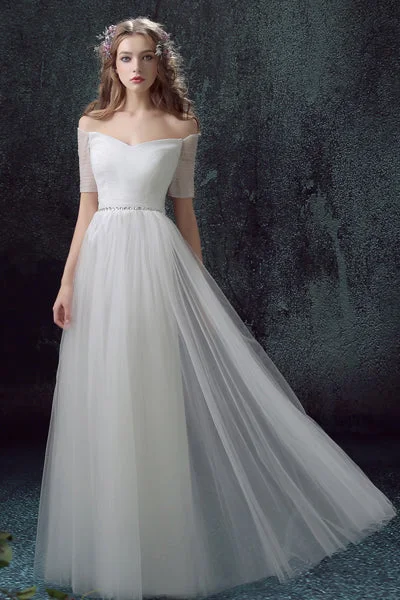 wedding dress with detachable sleevesSimple Tulle Off Shoulder Floor-Length Short Sleeves A-line Lace Up Back Wedding Dresses OK802