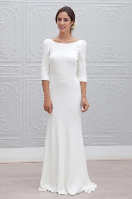 wedding dress with detachable trainSimple Sheath Bateau Backless 3/4 Sleeves Sweep Train Beach Wedding Dress OKS35