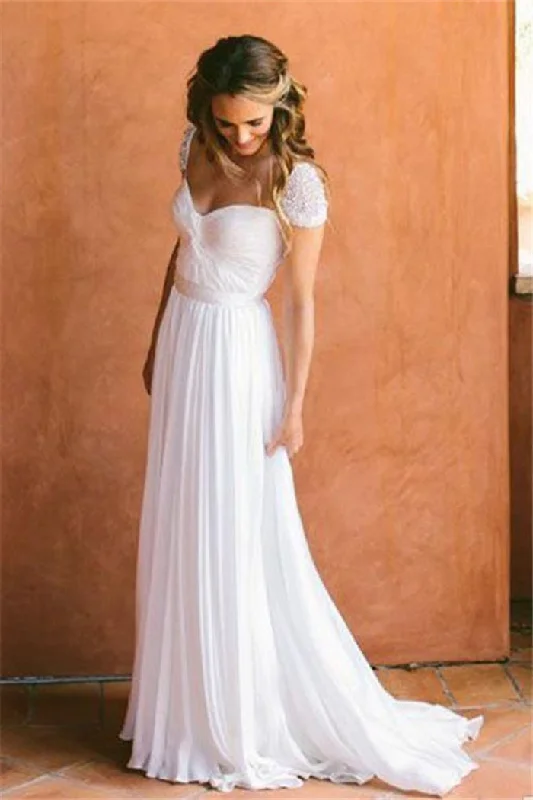 bohemian wedding dressesCheap Sweetheart Beading Cap Sleeves Chiffon A-Line Pleats Wedding Dresses OK772