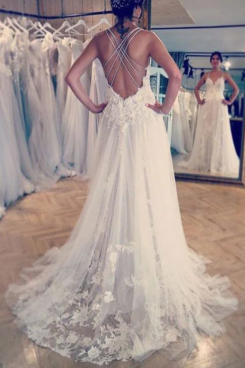 rustic elegance wedding dressesDeep V Neck Applique Wedding Dress Ivory A Line Wedding Gowns OKP88