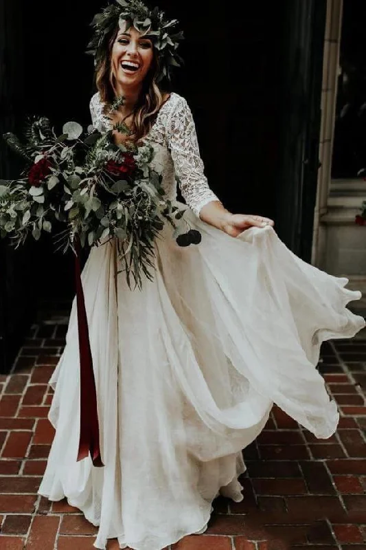 wedding dress with lace overlayBoho Ivory Chiffon 3/4 Sleeves Two Piece Cheap Wedding Dresses OKN88