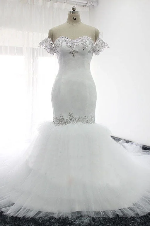 sleeveless wedding dressesMermaid Sweetheart White Beading Wedding Dress Elegant Bridal Dress OKQ77