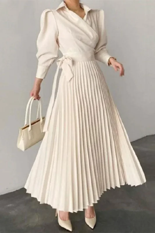 casual midi dressesSolid Color Commuting Lace-Up Pleated Midi Dress