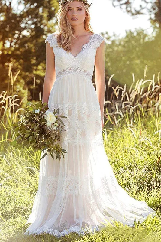 garden wedding dressesBohemian A Line V Neck Lace Bridal Gown Simple Beach Wedding Dress OKK37