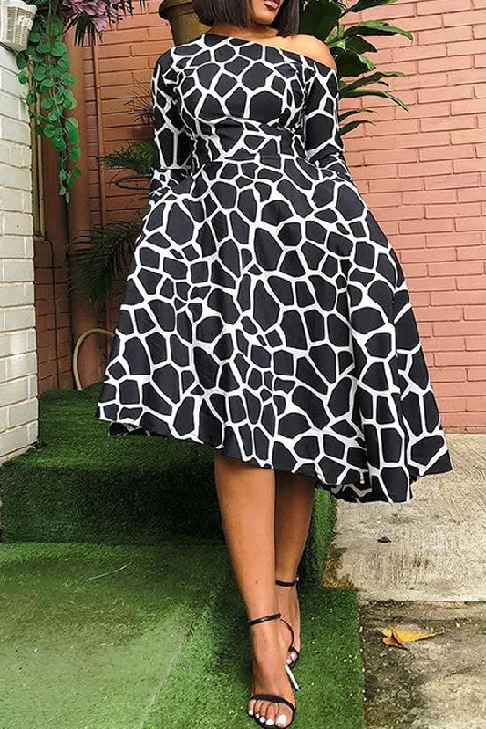 off-the-shoulder midi dressesGiraffe Print Oblique Collar On-trend Irregular Midi Dress