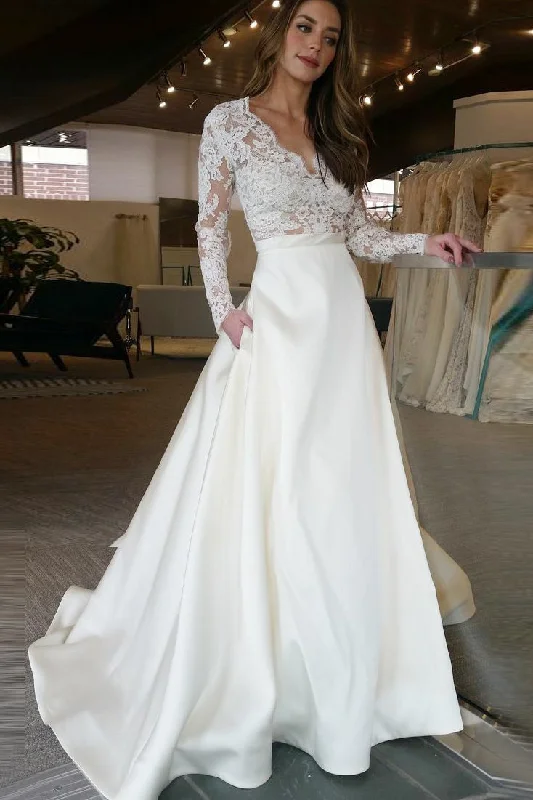 wedding dress with corsetElegant A-Line V-Neck Long Sleeves Off White Floor Length Prom/Wedding Dresses With Lace Top OK837