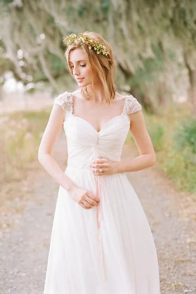 unique wedding dressesElegant Cap Sleeve Long Chiffon Sweetheart Pleat Beach Wedding Dresses OK530