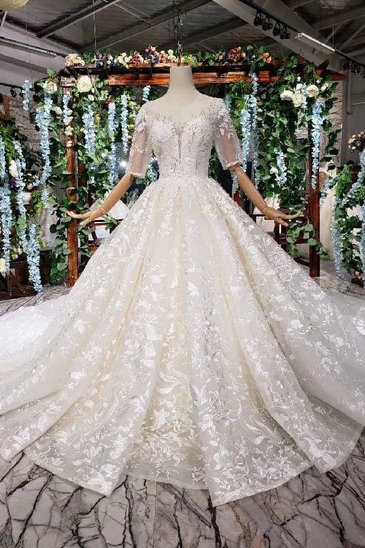 detailed wedding dressesLace Half Sleeves Ball Gown Wedding Dress, Fashion Beading Big Wedding Gown OKK3