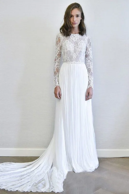 sample sale wedding dressesIvory Long Sleeves A Line Wedding Dress Chiffon Detachable Bridal Dress OKP78