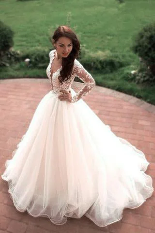 wedding dress trendsPrincess A-Line V-Neck Tulle Ivory Long Sleeves Ball Gowns Wedding Dresses OK778