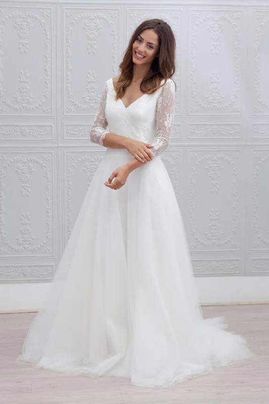 wedding dress alterationsSimple 3/4 Sleeves Open Back V neck Charming Tulle Wedding Dresses OK797