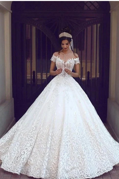 wedding dress with sleevesOff the Shoulder Short Sleeve Lace Ball Gowns Wedding Dress OK870