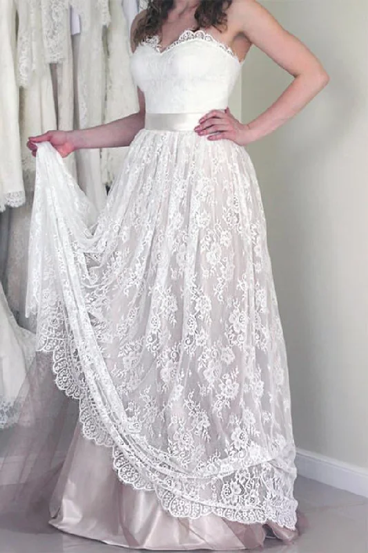 custom-fitted wedding dressesSweetheart Sleeveless Long White Lace A Line Wedding Dresses with Belt OK528