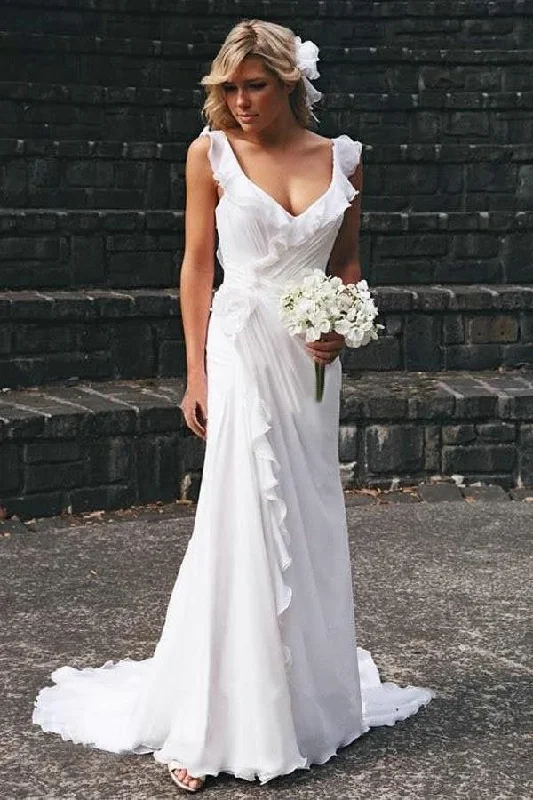 sweetheart neckline wedding dressesSimple White V-neck Chiffon Ruffles Sleeveless Wedding Dresses Bridal Gowns OK596