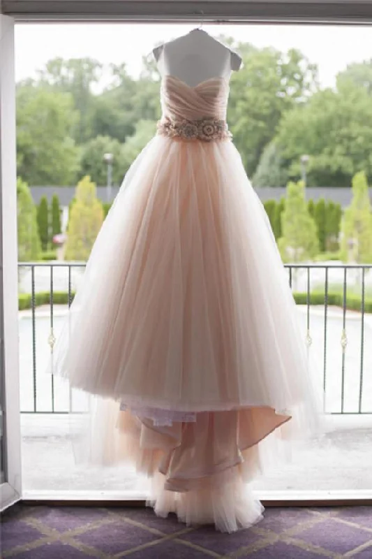 detailed wedding dressesSweetheart Strapless Flowers Beading Pleated Blush Pink Wedding Dresses With Court Train OK554